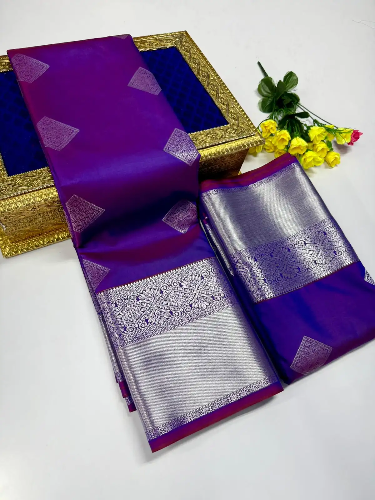 Diamond Floral Zari Butta Silver Brocade Border Semi Kanchipuram Silk Saree